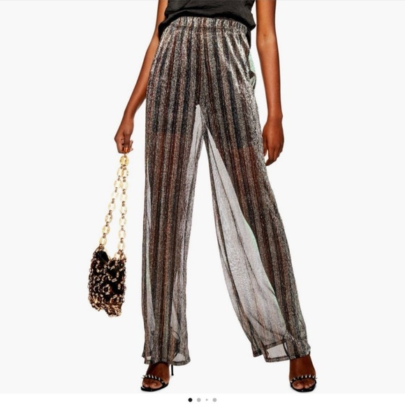 Topshop Sheer Striped Glitter Wide Leg Pants - Picture 1 of 10